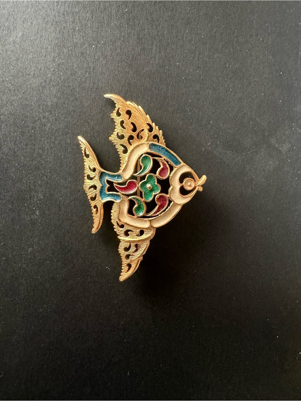 Vintage Cloisonné Style Fish Brooch Gold Tone Enamel Colorful Openwork